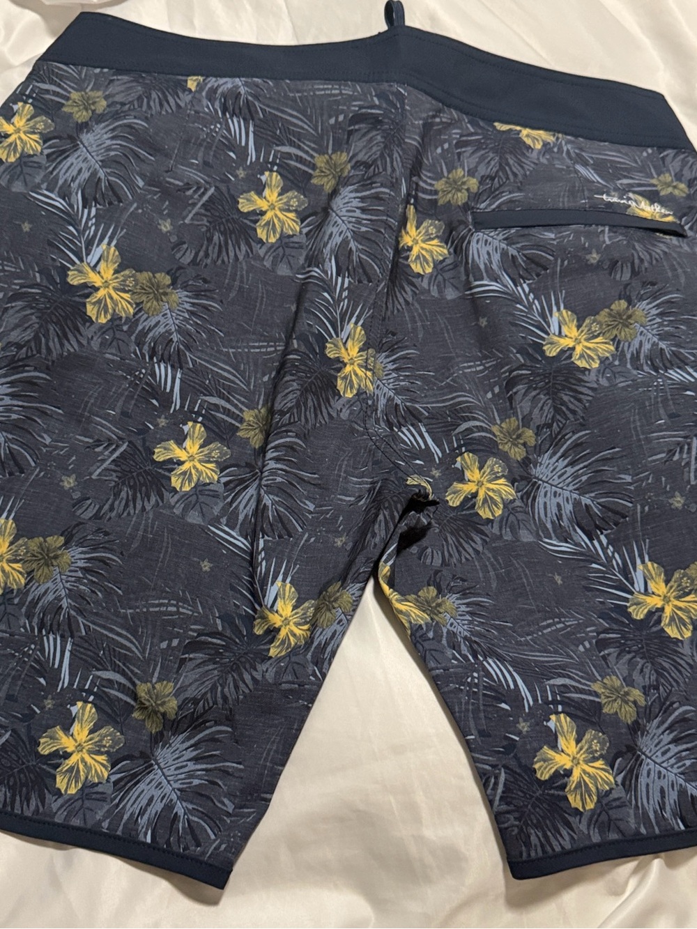 Travis Mathew Navy Floral Swim Board Shorts with Yellow Accents - Picture 5 of 7